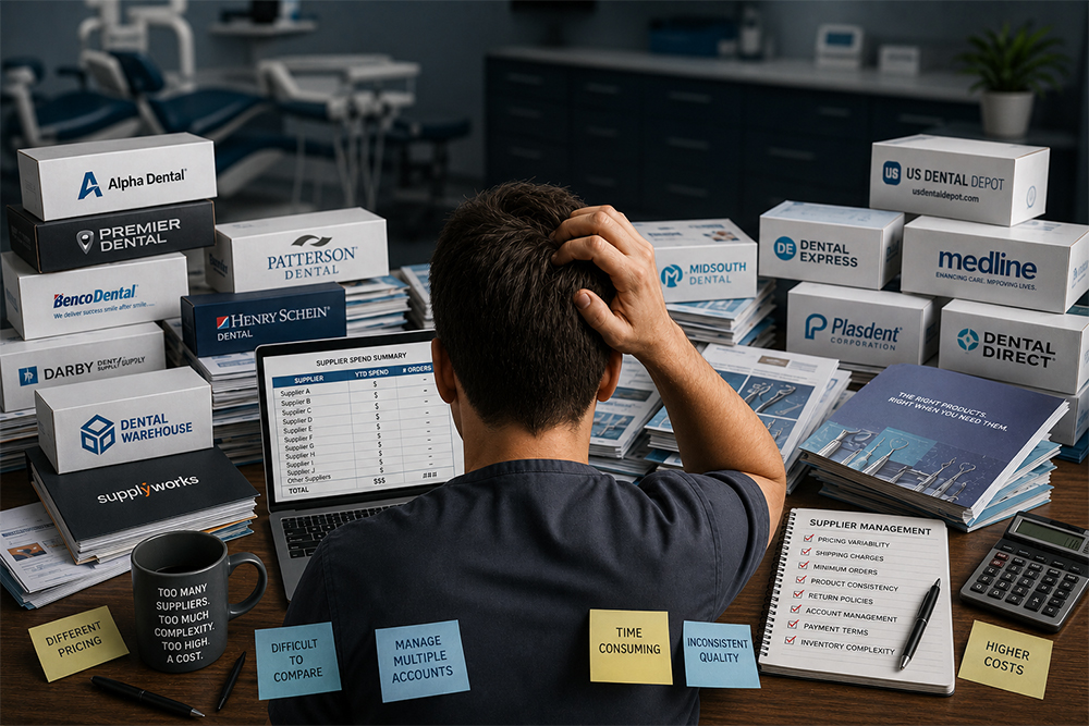 Dental practice ordering from multiple suppliers through one consolidated procurement platform