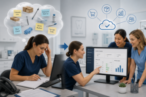 Dental team sharing supply ordering through a centralised platform with approval workflows