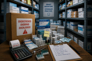 Practice manager reviewing dental supply stock levels on the Restocq inventory dashboard