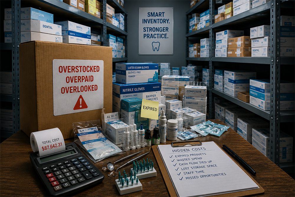 Practice manager reviewing dental supply stock levels on the Restocq inventory dashboard