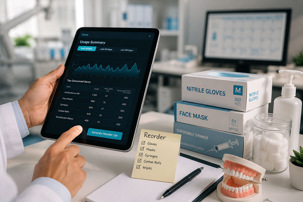 Usage-based reordering suggesting what to reorder from a practice's own consumption data